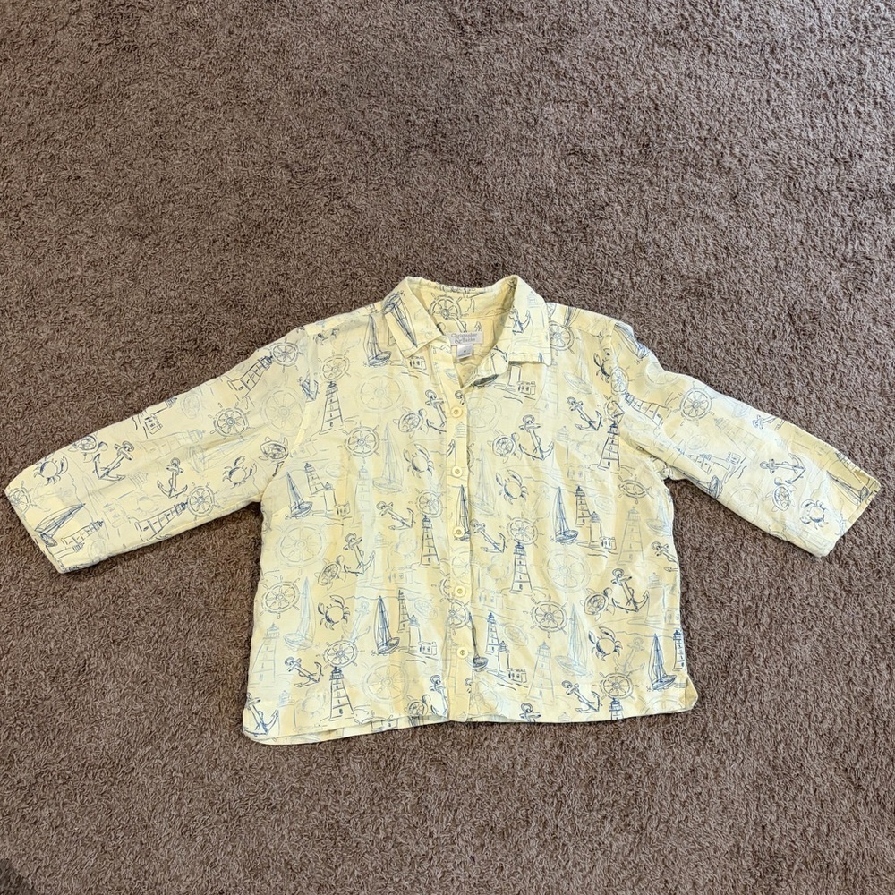 Christopher & Banks Women’s Butter Yellow Linen Blend Lighthouse Nautical Top